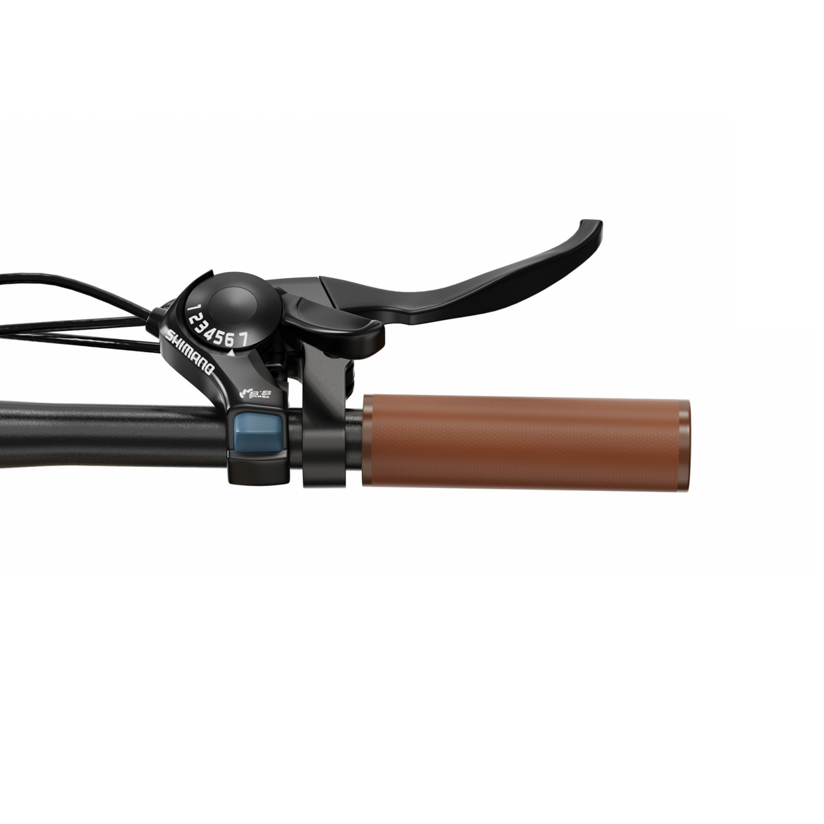 OneSport OT16 Pro, close-up of brake lever, Shimano gear shifter and brown grip
