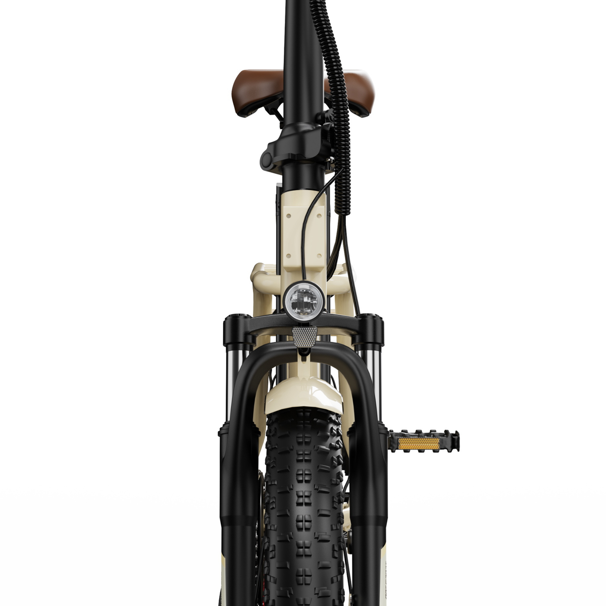 OneSport OT16 Pro seen from the front with light, front fork, chunky-tread tyre and brown saddle