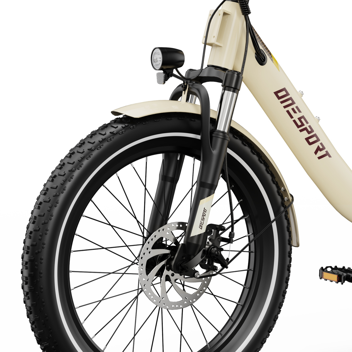OneSport OT16 Pro close-up of front wheel with suspension fork, disc brake, front light and chunky-tread tyre