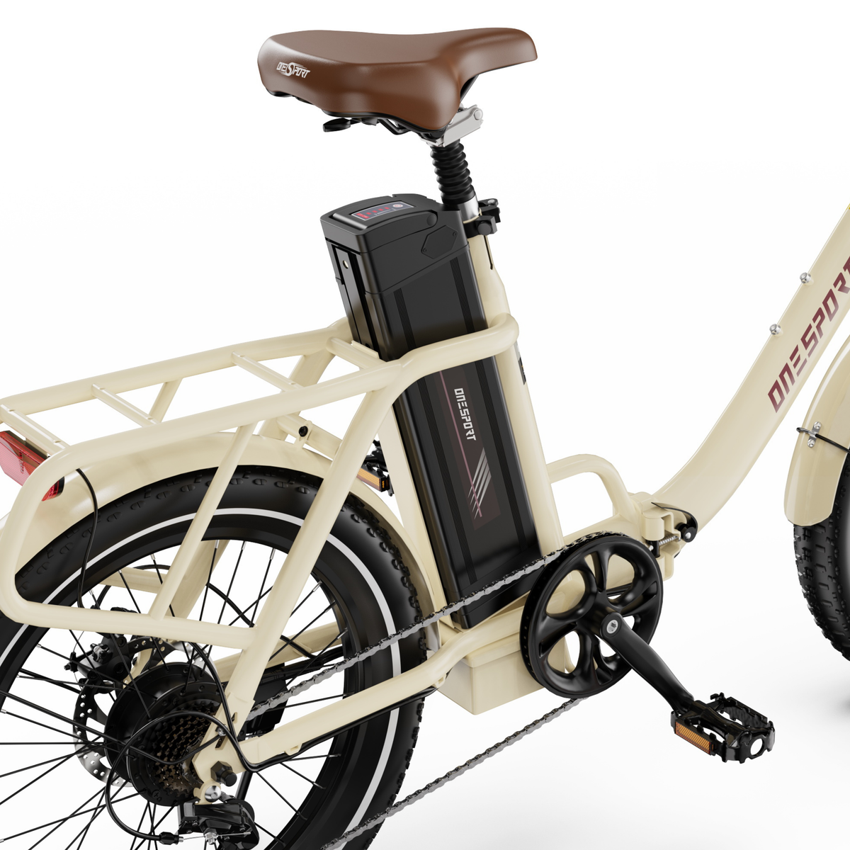 OneSport OT16 Pro rear section with brown saddle, black battery, cargo rack, crank area and rear wheel