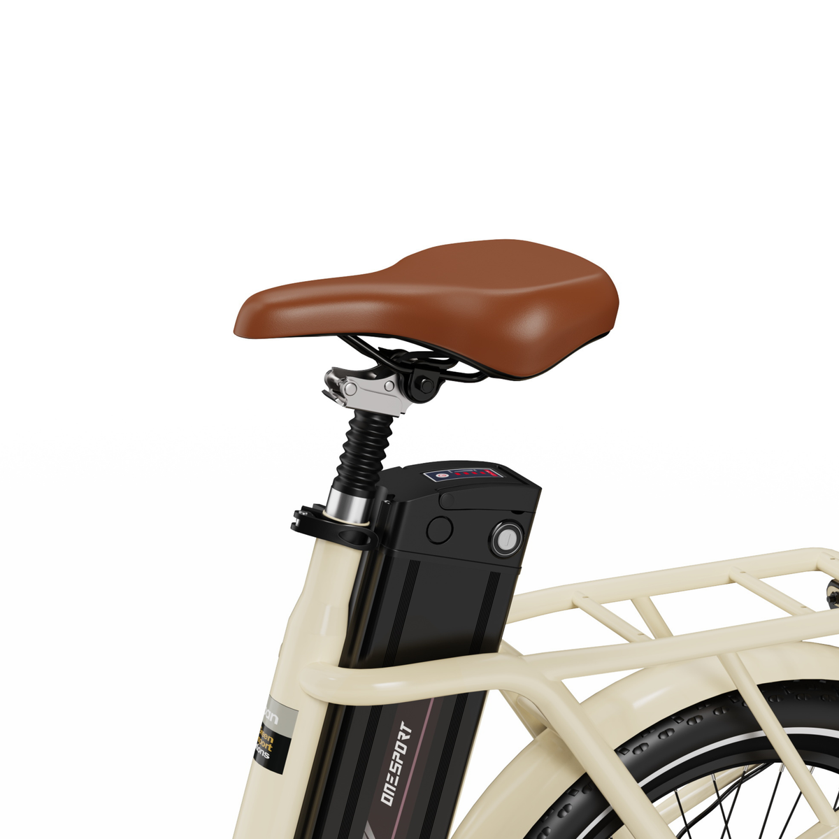 OneSport OT16 Pro close-up of brown saddle, suspension seatpost and black battery