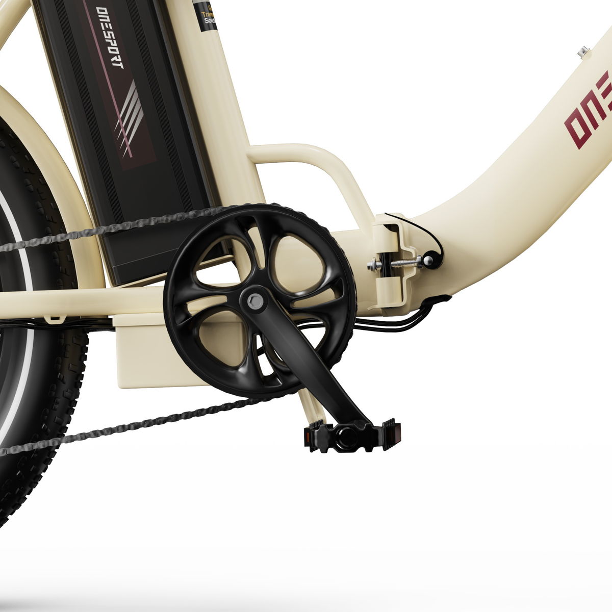 OneSport OT16 Pro close-up of chainring, crank, pedal, chain and frame hinge