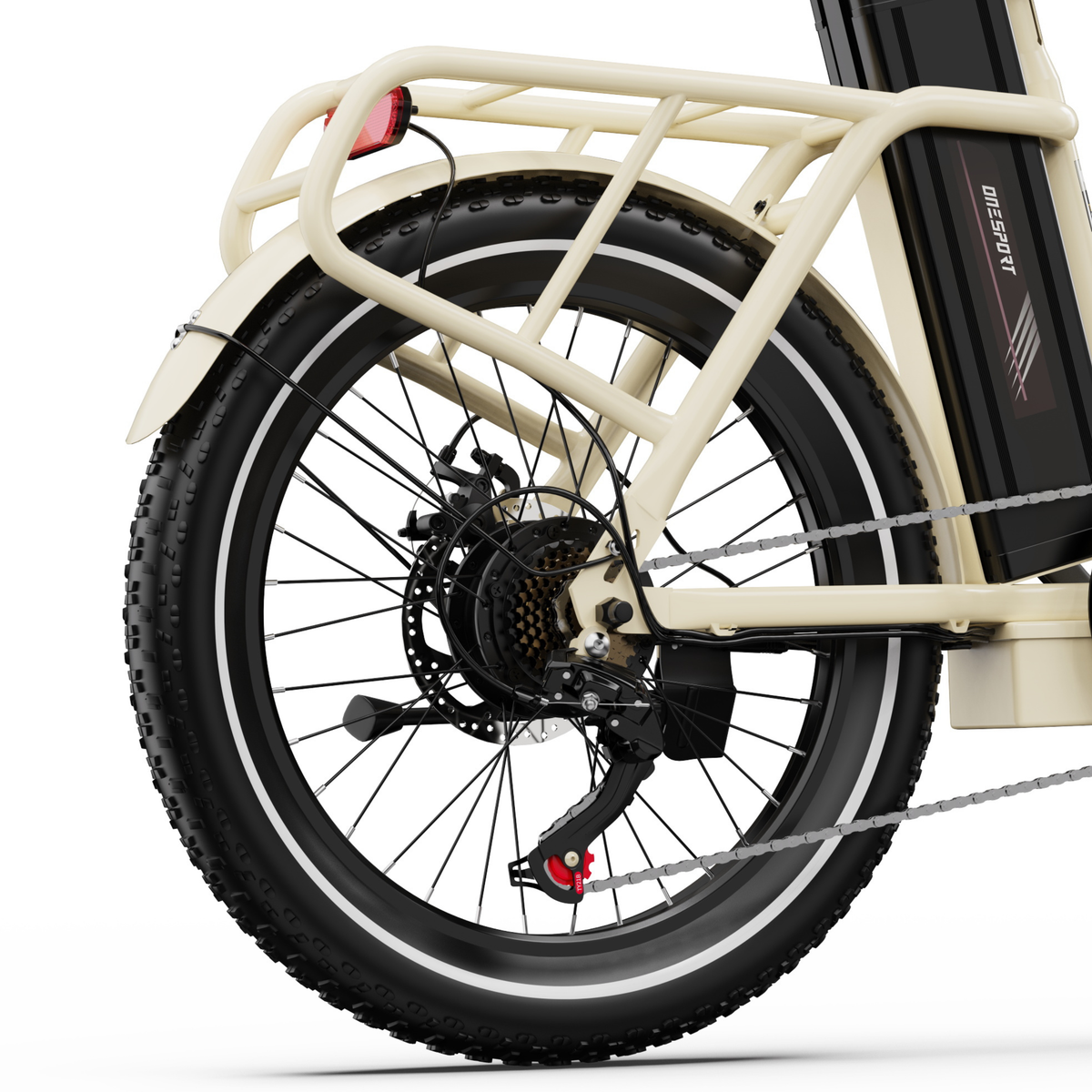 OneSport OT16 Pro, close-up of rear wheel with cargo rack, mudguard, rear light and rear derailleur