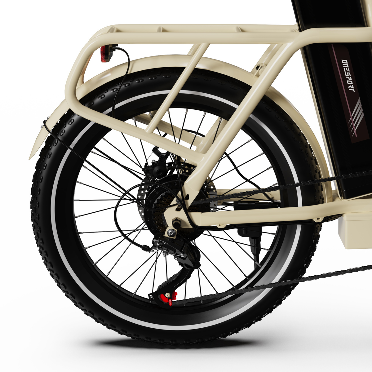 OneSport OT16 Pro, side view of rear wheel and cargo rack with mudguard, chain and partially visible battery