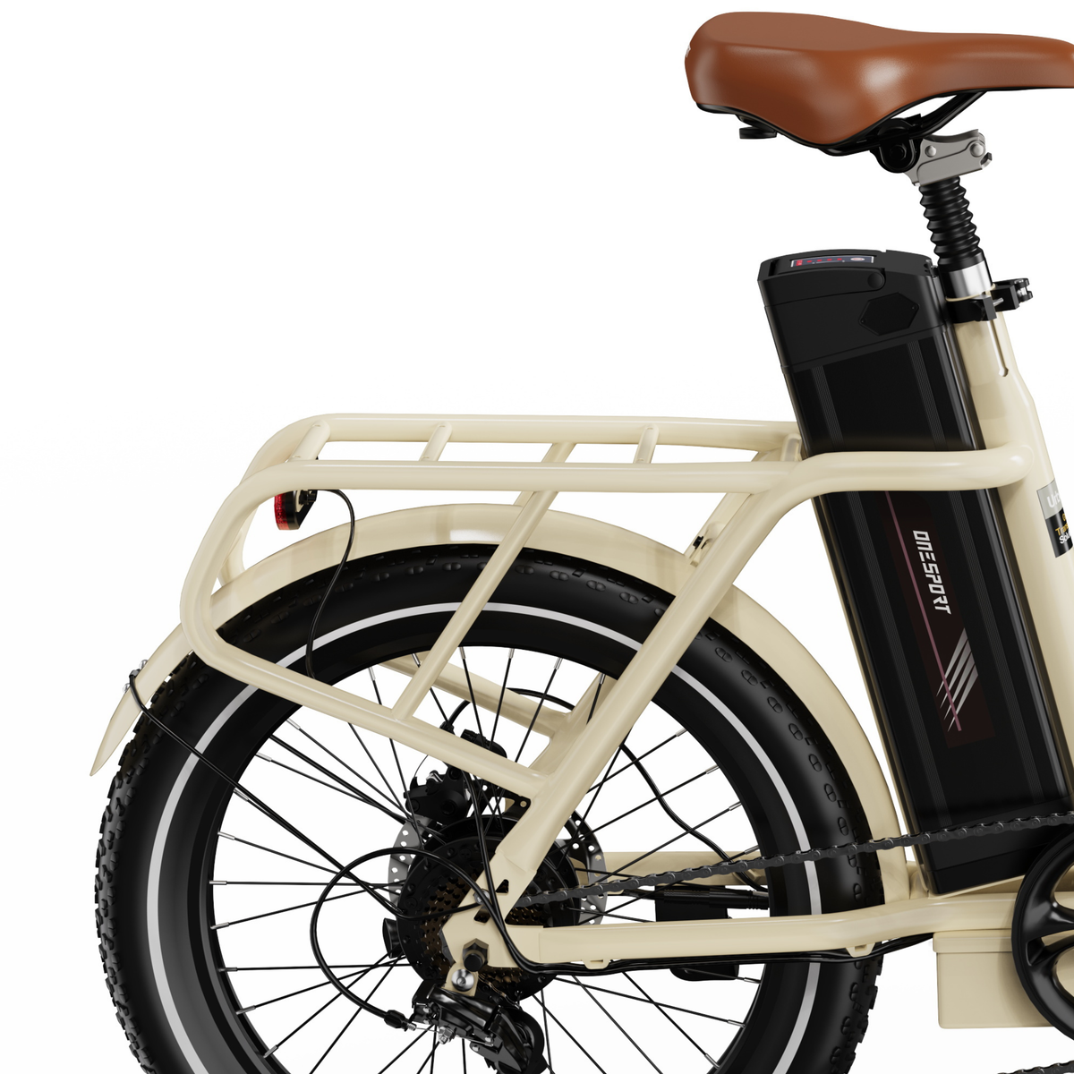 OneSport OT16 Pro, rear half with brown saddle, black battery, cargo rack and rear wheel