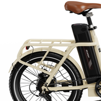 OneSport OT16 Pro, rear half with brown saddle, black battery, cargo rack and rear wheel