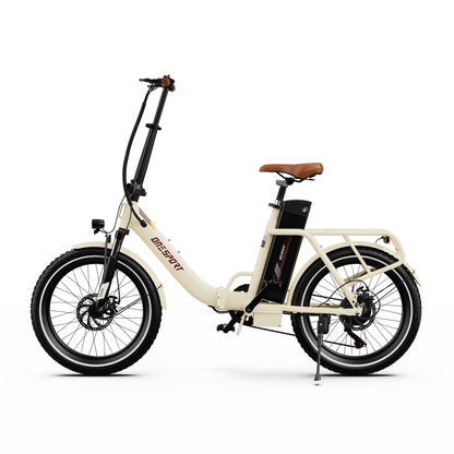 OneSport OT16 Pro electric bike seen straight from the side with low step-through frame, brown saddle, battery and cargo rack