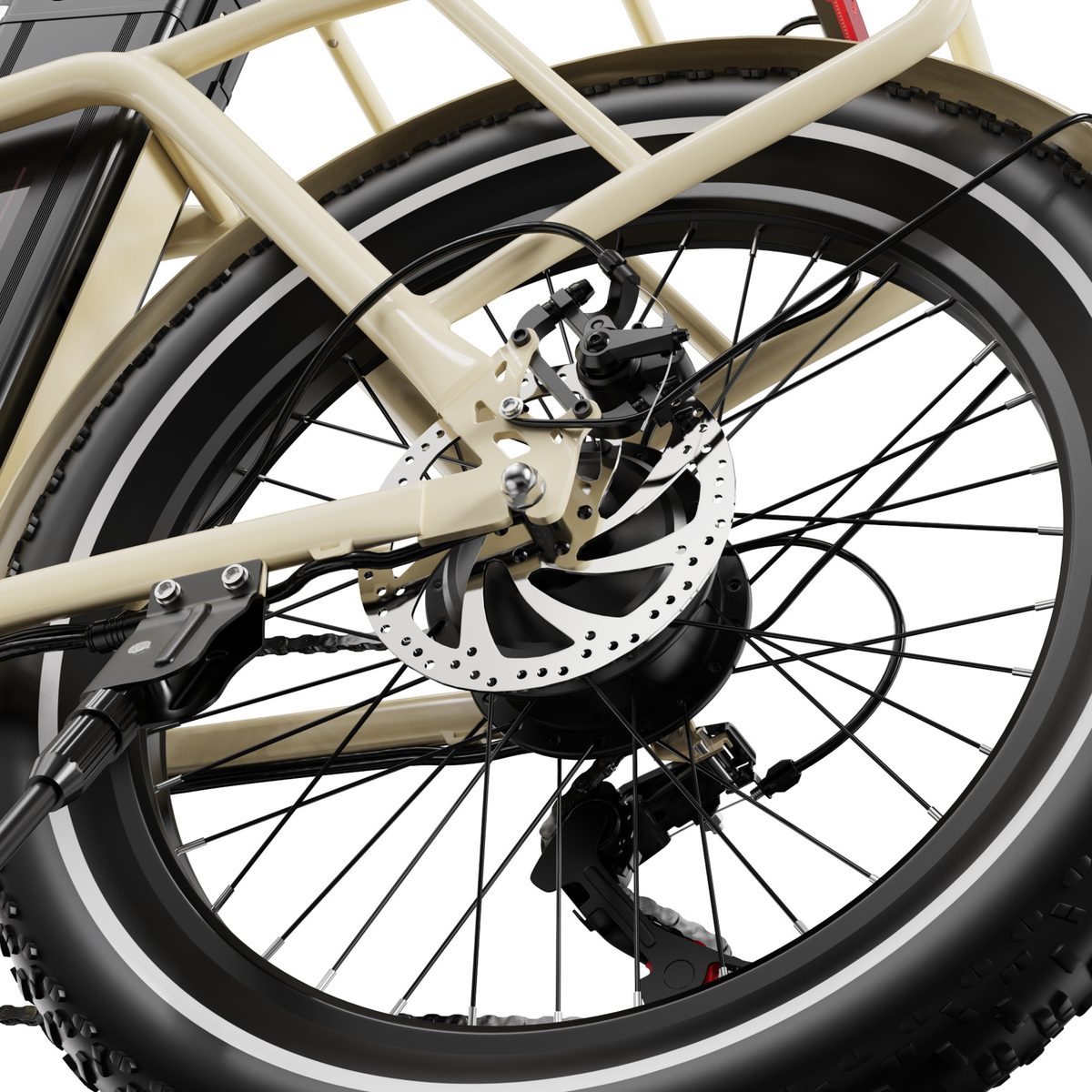 OneSport OT16 Pro close-up of rear wheel with disc brake, spokes and derailleur by the beige frame