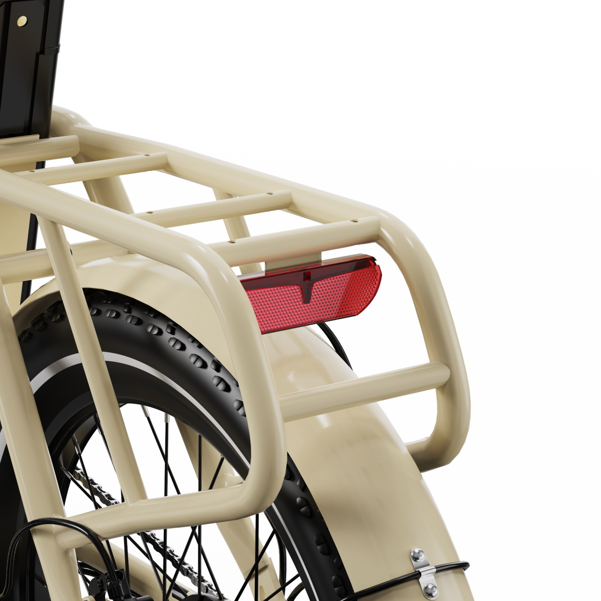 OneSport OT16 Pro close-up of beige cargo rack with red rear reflector and rear mudguard