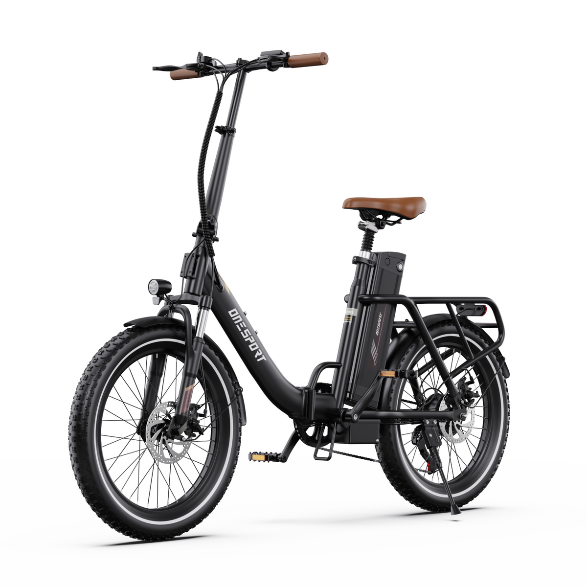 OneSport OT16 Pro black electric bike seen from a front angle with brown saddle, brown grips and cargo rack