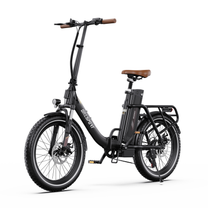 OneSport OT16 Pro black electric bike seen from a front angle with brown saddle, brown grips and cargo rack