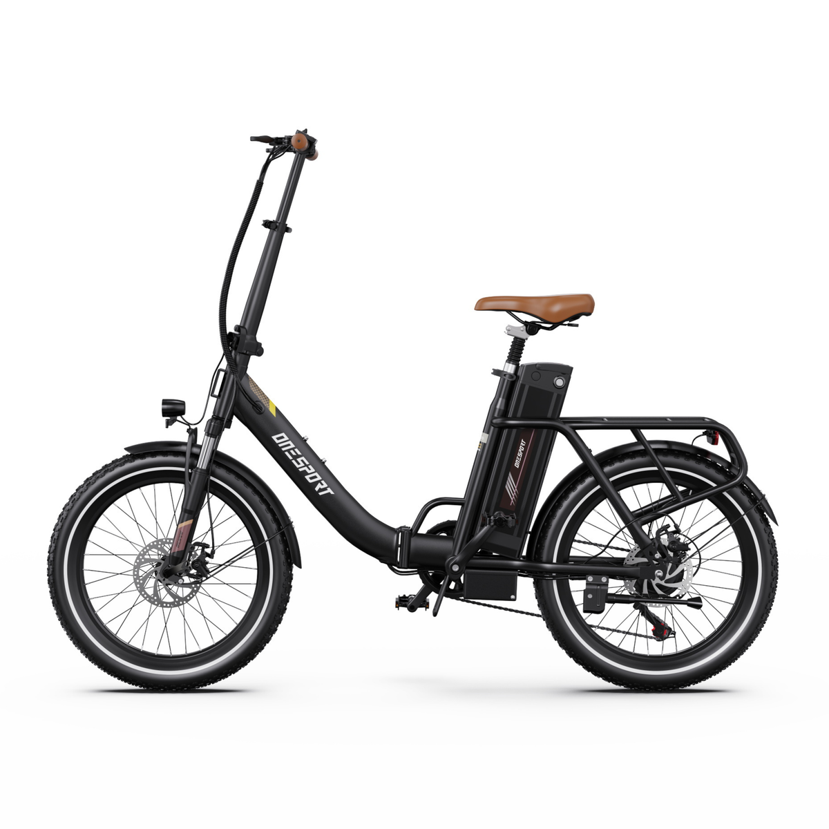 OneSport OT16 Pro black electric bike in side view with brown saddle, battery, cargo rack and disc brakes