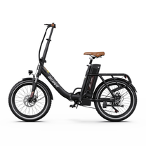 OneSport OT16 Pro black electric bike in side view with brown saddle, battery, cargo rack and disc brakes