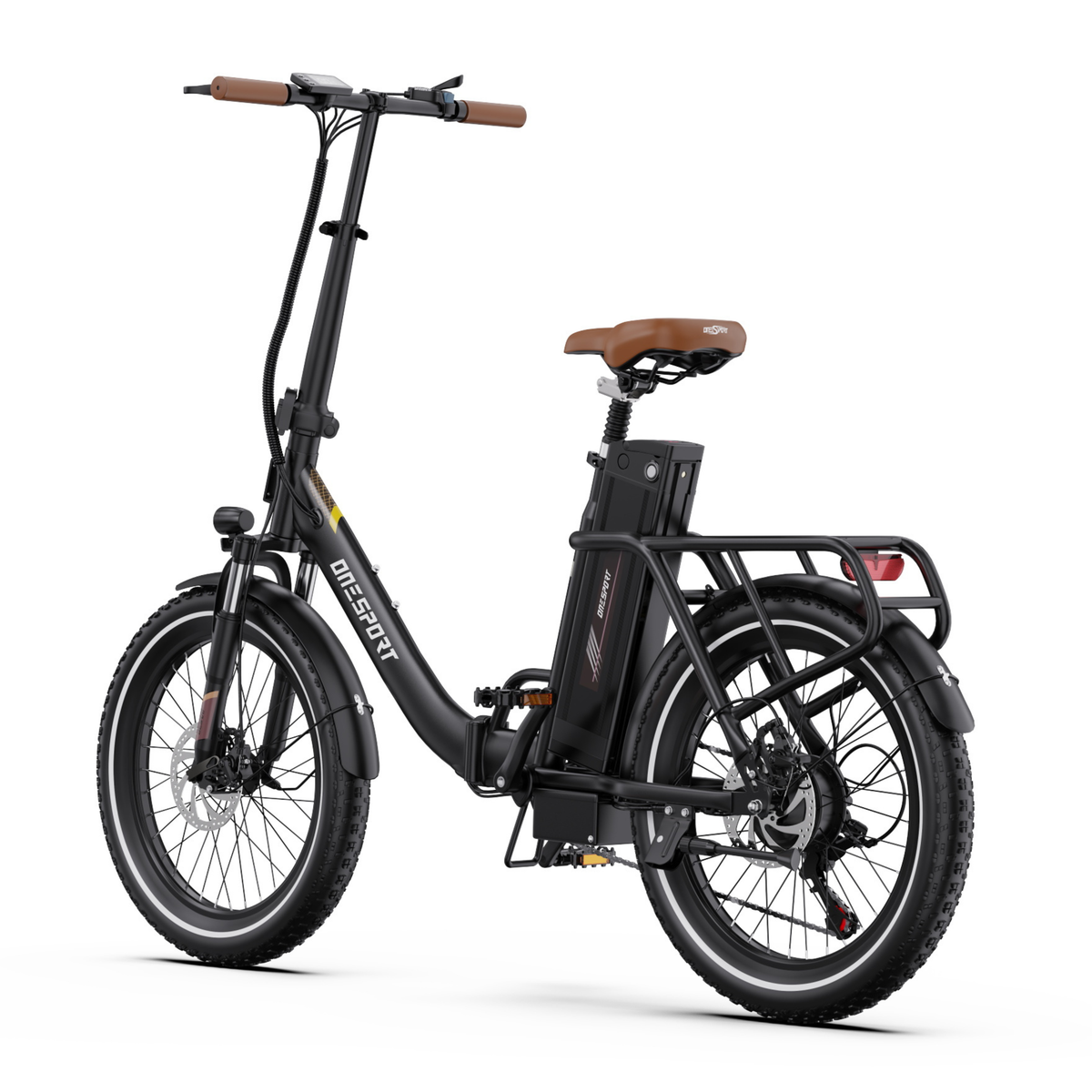 OneSport OT16 Pro electric bike in black, seen from the rear at an angle with rear rack, battery and brown saddle