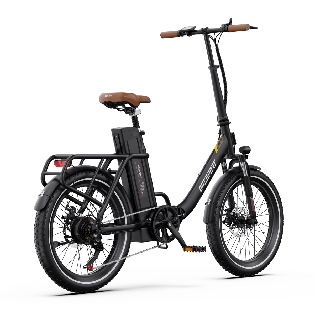 OneSport OT16 Pro electric bike in black, seen from the rear right at an angle with chain, pedal and rear rack