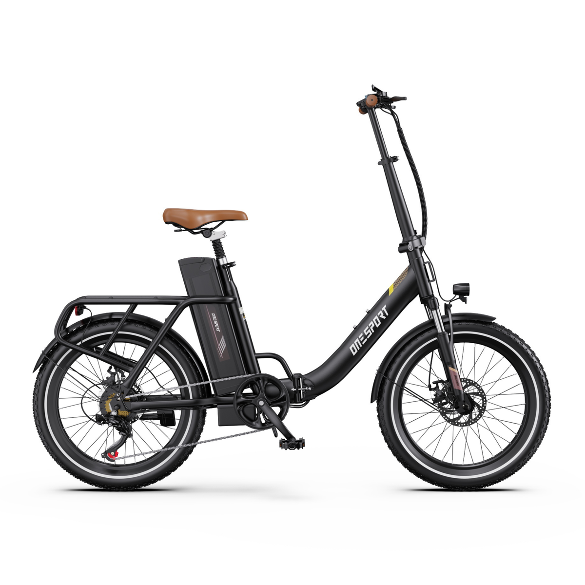 OneSport OT16 Pro electric bike in black, seen straight from the side with low step-through frame and brown saddle