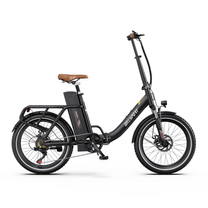 OneSport OT16 Pro electric bike in black, seen straight from the side with low step-through frame and brown saddle