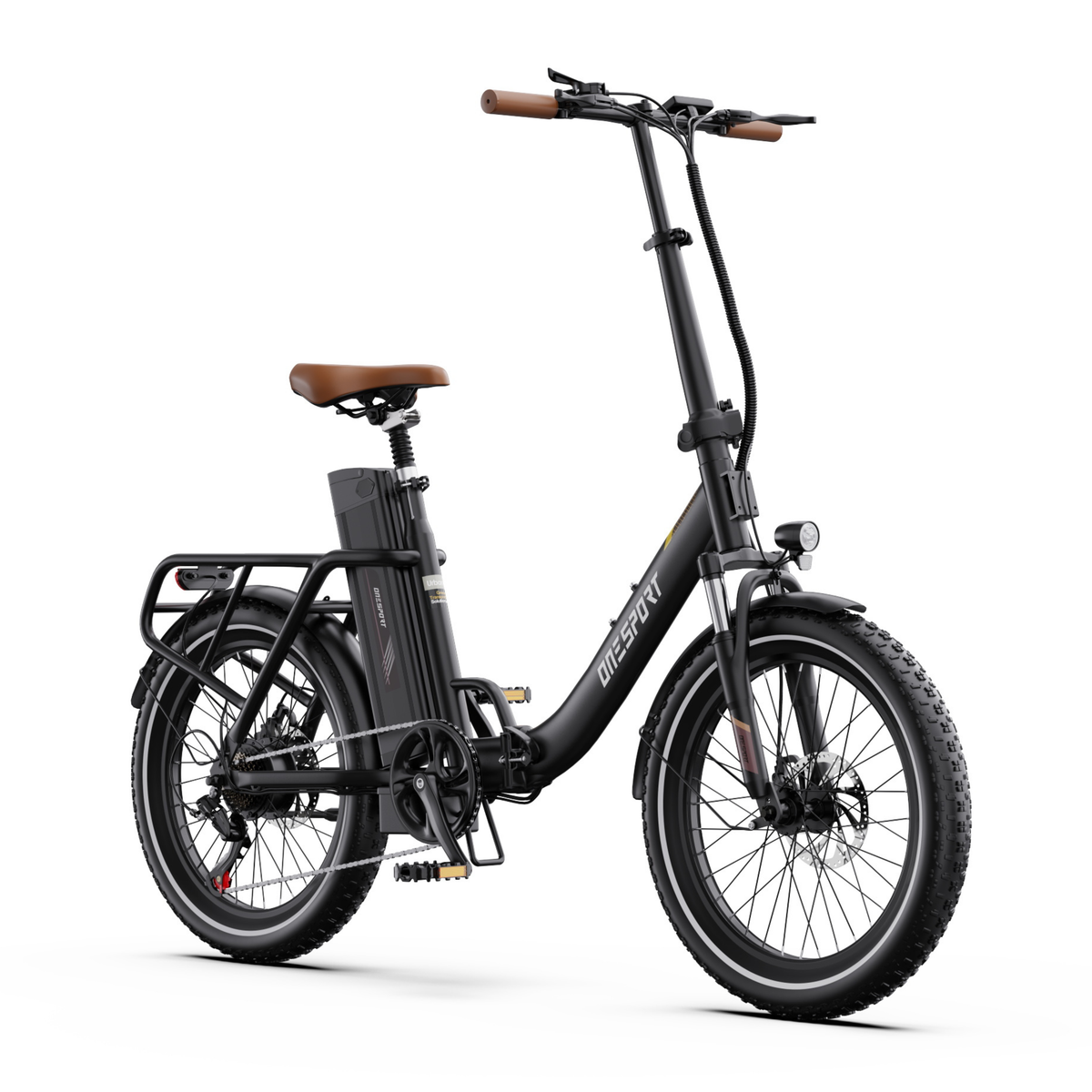 OneSport OT16 Pro electric bike in black, seen from the front at an angle with headlight, handlebar with display and brown saddle