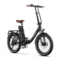 OneSport OT16 Pro electric bike in black, seen from the front at an angle with headlight, handlebar with display and brown saddle
