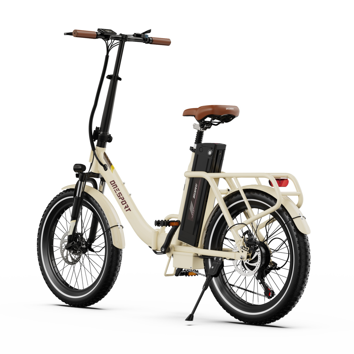 OneSport OT16 Pro electric bike seen from a rear angle with battery, cargo rack with red rear light and kickstand