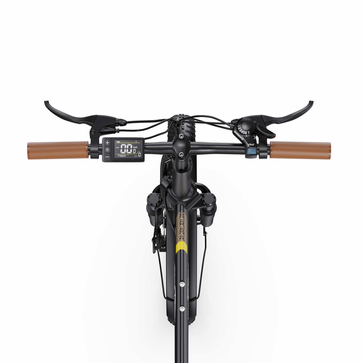 OneSport OT16 Pro handlebar from above with brown grips, brake levers, display and Shimano gear shifter