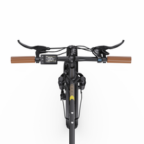 OneSport OT16 Pro handlebar from above with brown grips, brake levers, display and Shimano gear shifter
