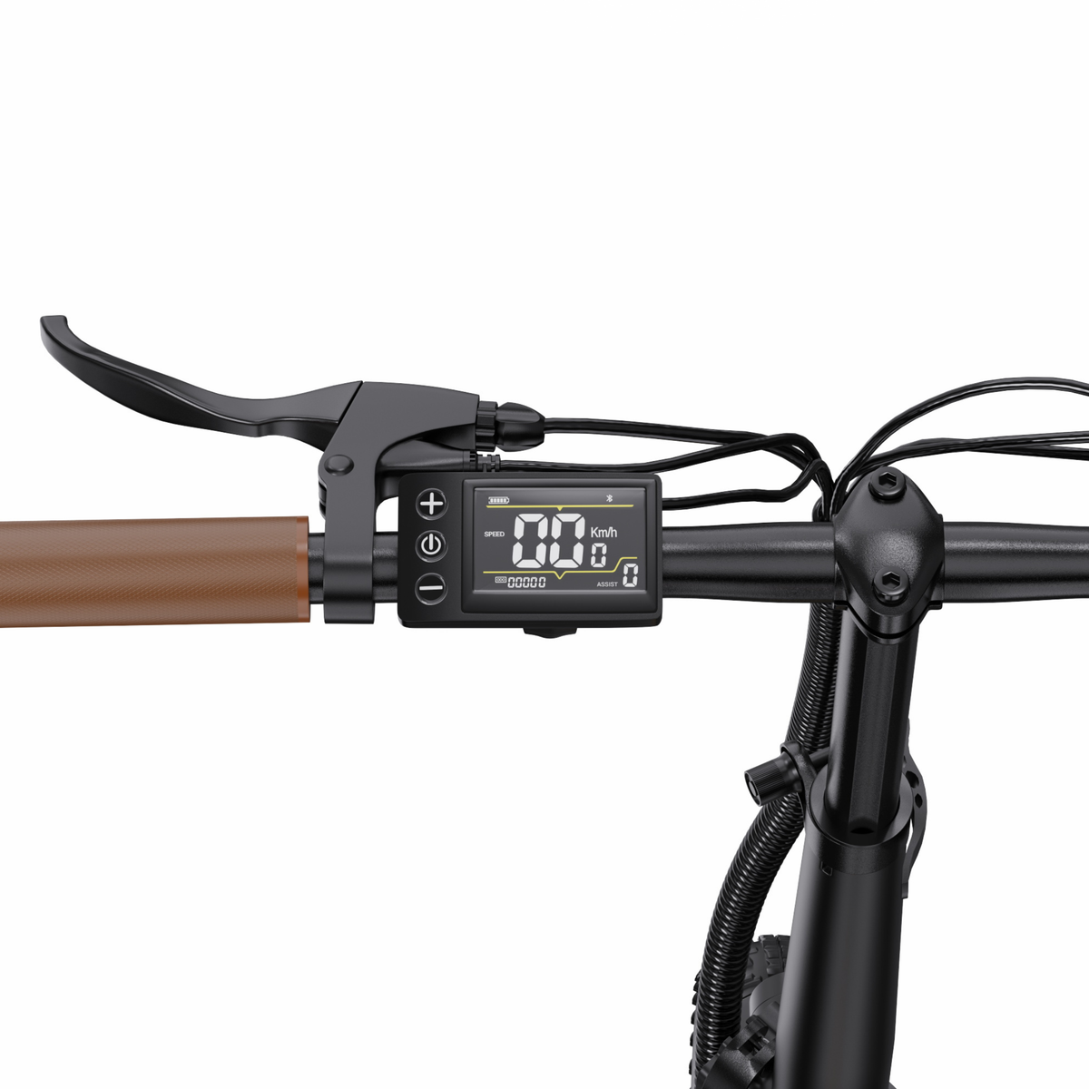 OneSport OT16 Pro close-up of the left side of the handlebar with brake lever, LCD display and brown grip
