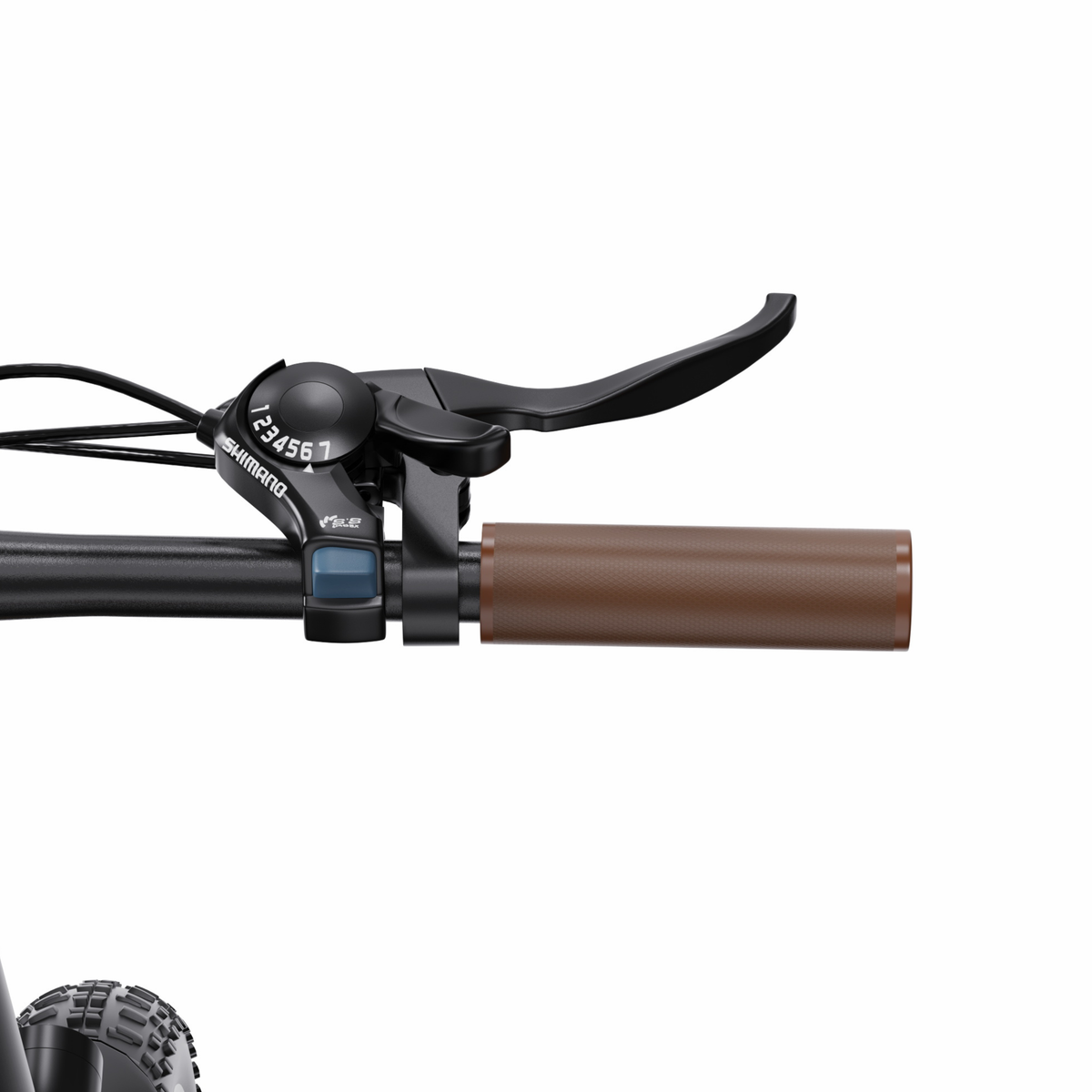 OneSport OT16 Pro close-up of the right side of the handlebar with brake lever, Shimano gear shifter and brown grip