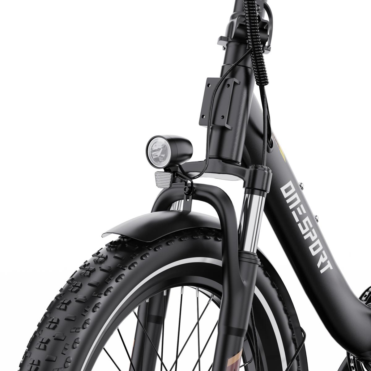 OneSport OT16 Pro close-up of headlight, suspension fork, mudguard and chunky-tread front tyre