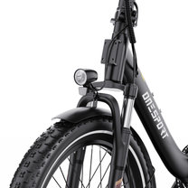OneSport OT16 Pro close-up of headlight, suspension fork, mudguard and chunky-tread front tyre