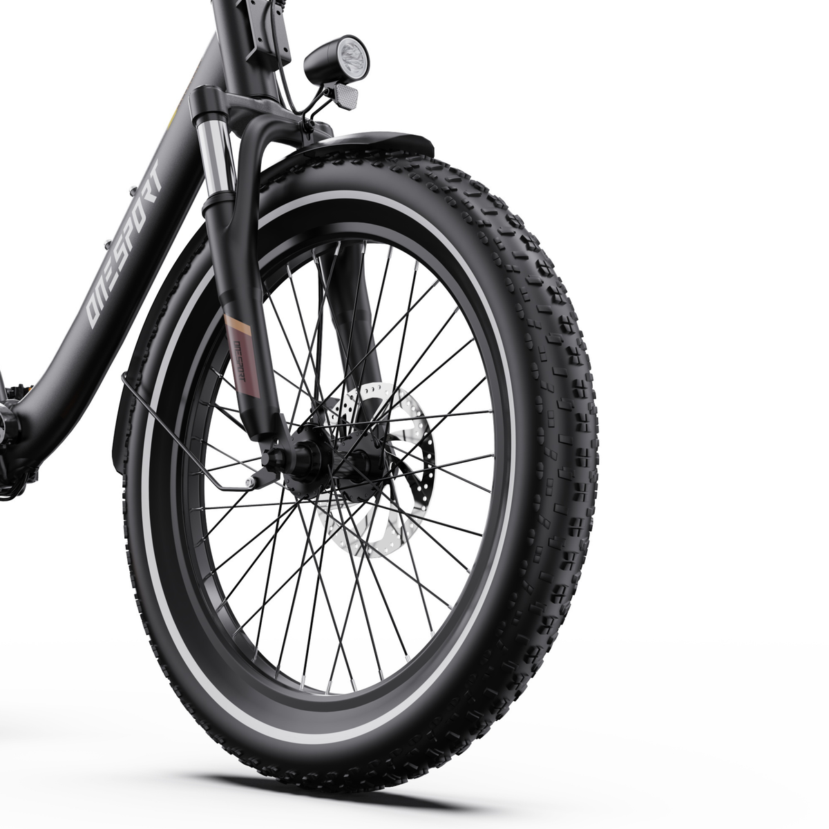 OneSport OT16 Pro front wheel with chunky-tread tyre, spokes, disc brake and suspension fork