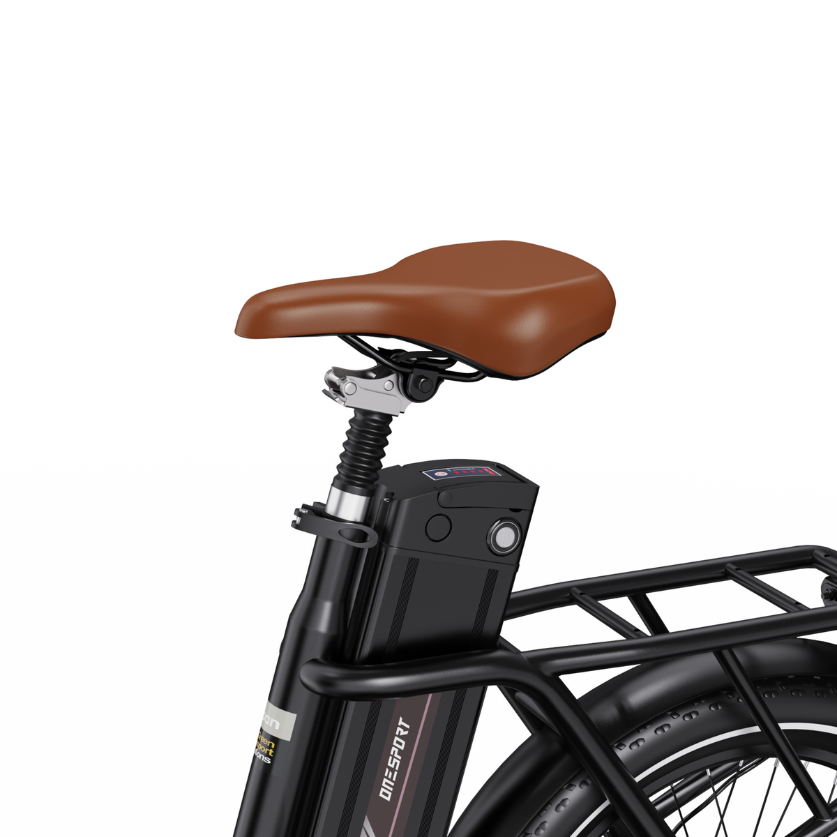 OneSport OT16 Pro close-up of brown saddle, seat post, battery and rear rack
