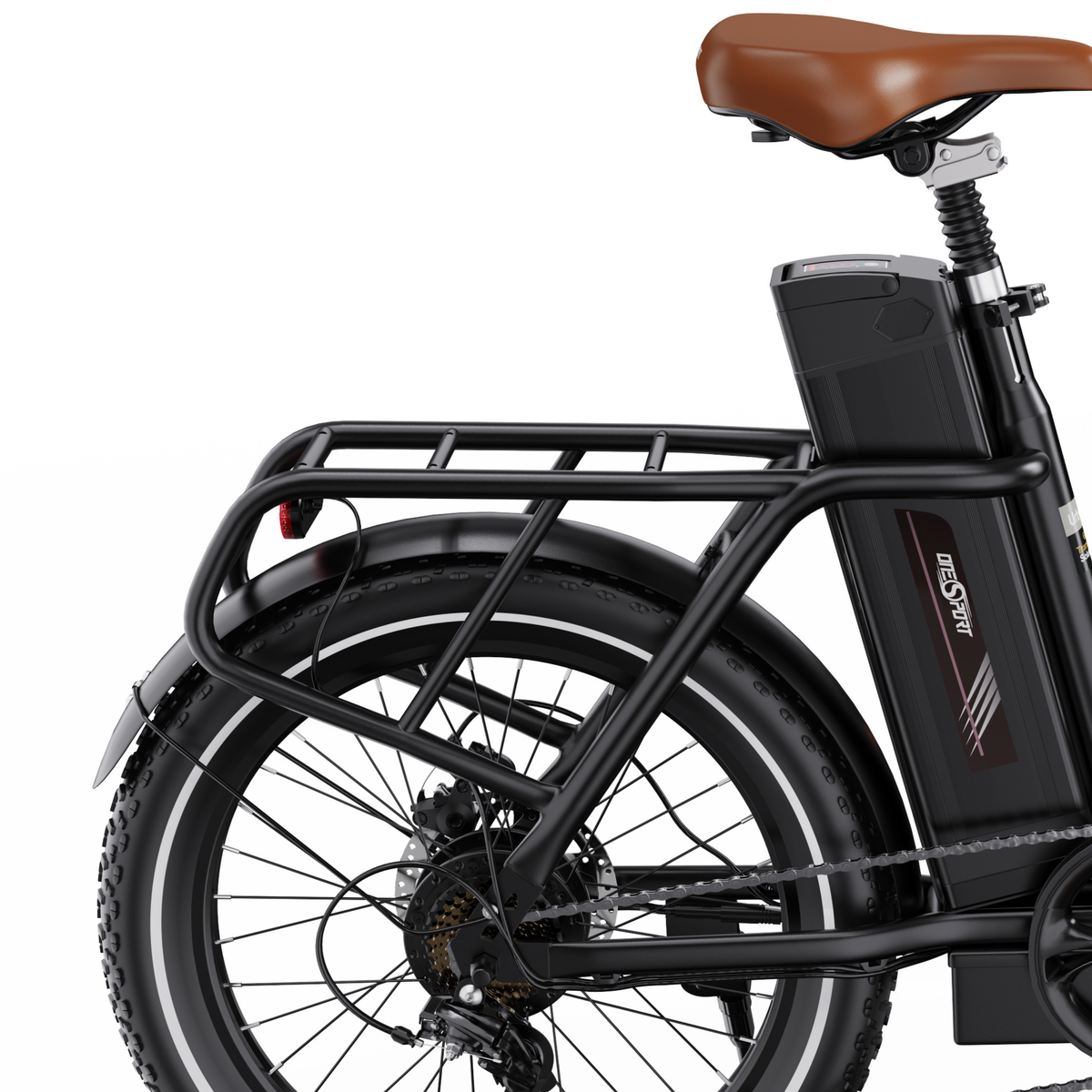 OneSport OT16 Pro, close-up of brown saddle, black luggage rack, battery and rear wheel