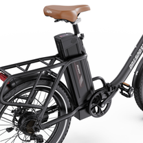 OneSport OT16 Pro, saddle, battery, luggage rack and pedal seen at an angle from the side