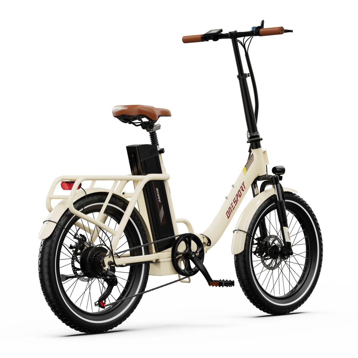 OneSport OT16 Pro electric bike seen from the right rear angle with chain, pedal, battery and cargo rack