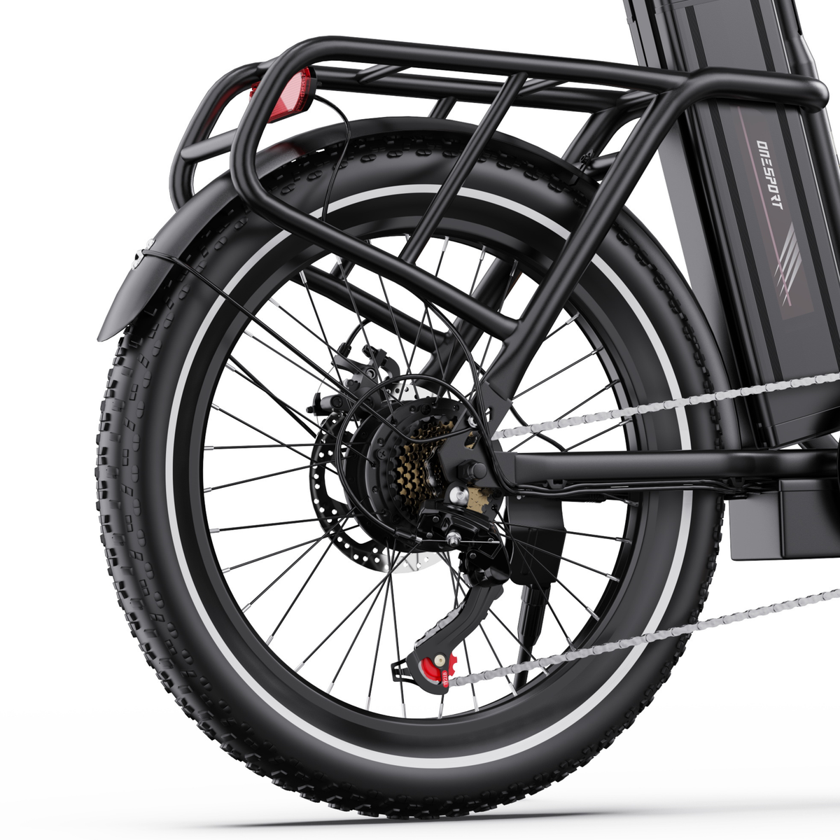 OneSport OT16 Pro, rear wheel with luggage rack, rear light, disc brake, chain and derailleur