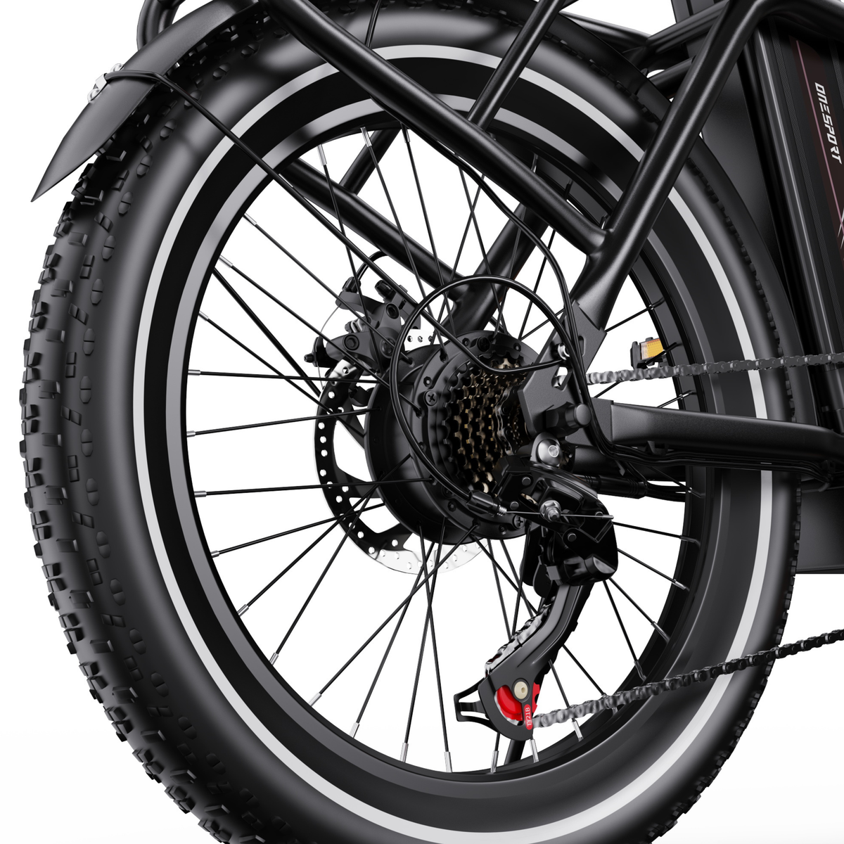 OneSport OT16 Pro rear wheel with chunky-tread tyre, disc brake, cassette and rear derailleur