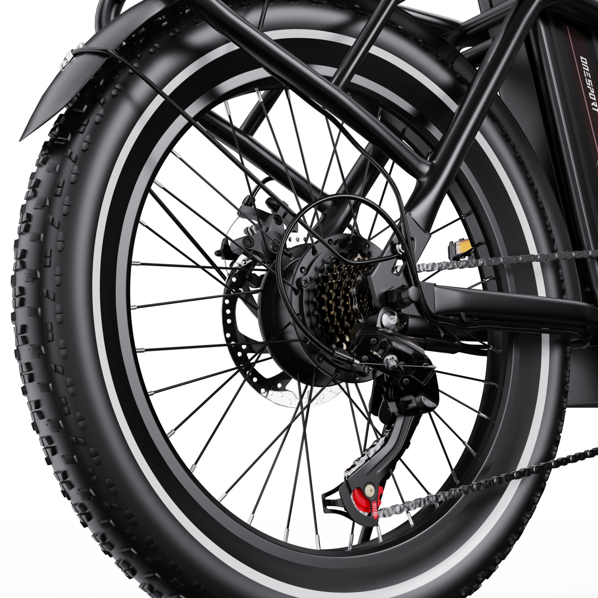 OneSport OT16 Pro rear wheel seen from the side with disc brake, cassette, chain and derailleur