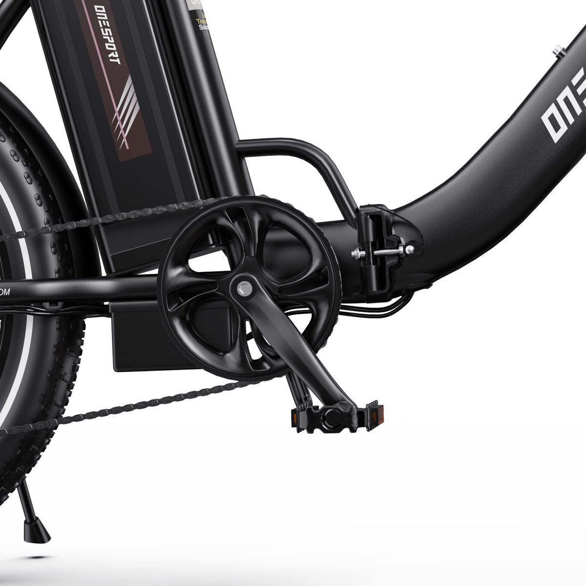 OneSport OT16 Pro close-up of crank area, pedal, battery and black frame hinge