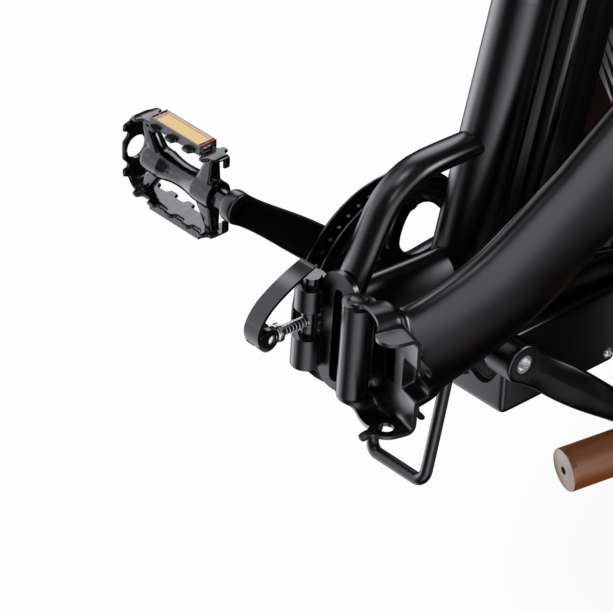 OneSport OT16 Pro close-up of pedal, crank arm and frame hinge with spring