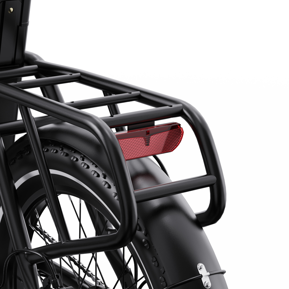 OneSport OT16 Pro, close-up of black rear rack, red rear light and rear mudguard over the rear wheel