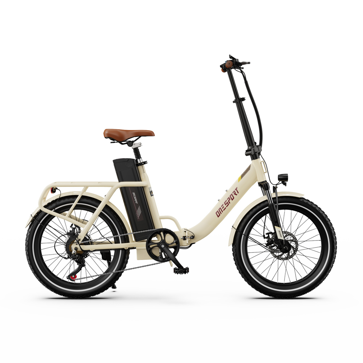OneSport OT16 Pro, cream-white electric bike seen from the side with brown saddle, cargo rack and black battery