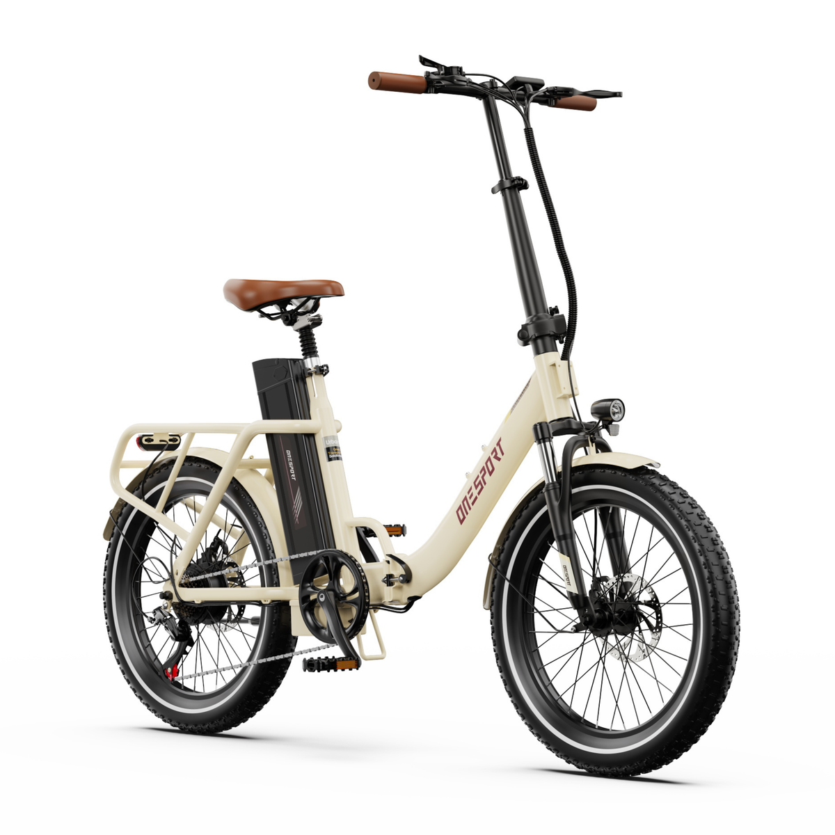 OneSport OT16 Pro, cream-white electric bike from a front angle with brown grips, brown saddle and front light