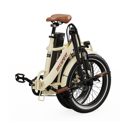 OneSport OT16 Pro, cream-white electric bike in folded position seen from a rear angle with brown saddle and pedal