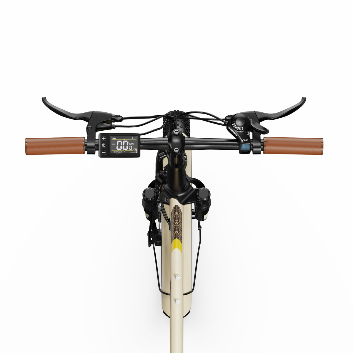 OneSport OT16 Pro, handlebars seen from above with brown grips, brake levers, gear shifter and display