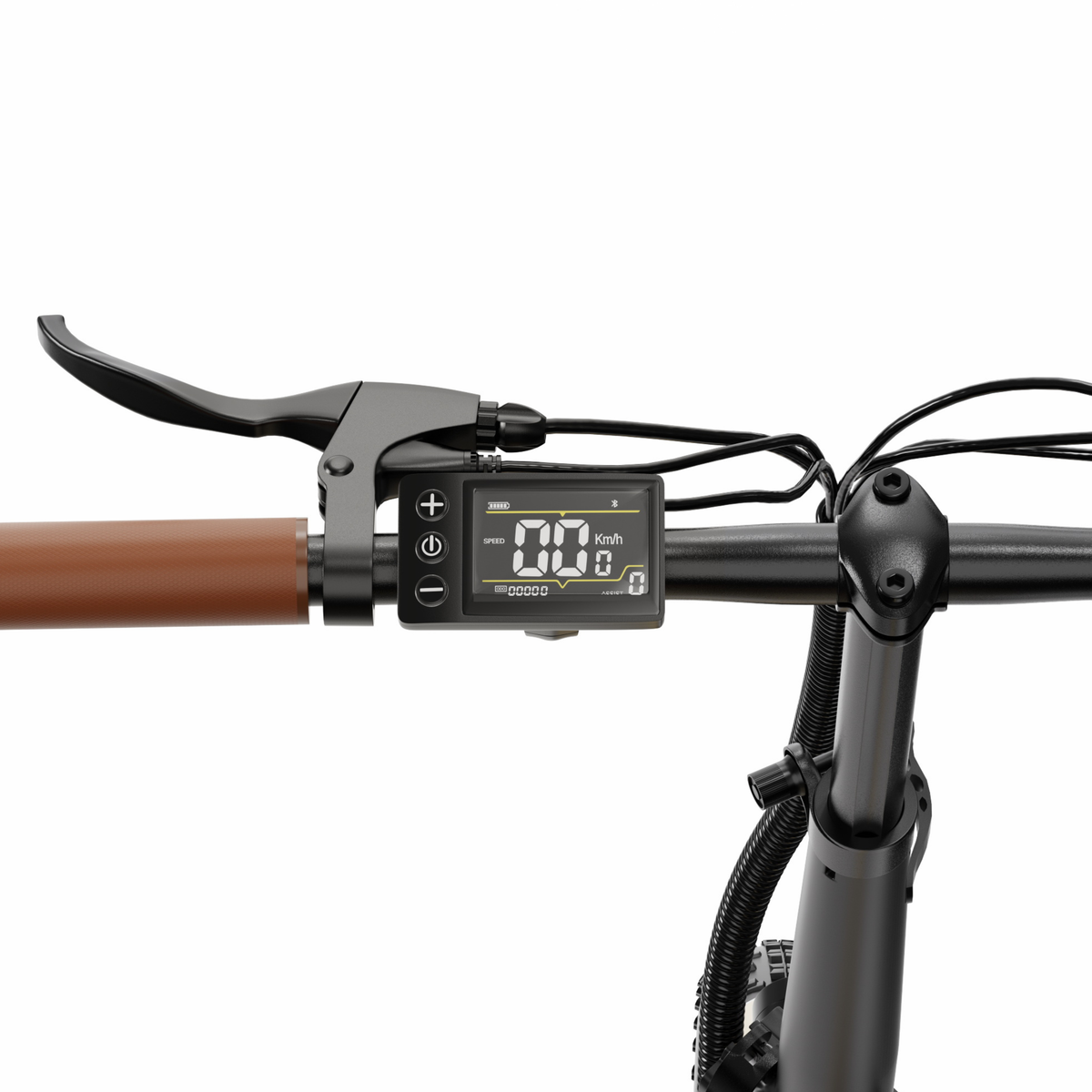 OneSport OT16 Pro, close-up of the handlebars with display, buttons, brake lever and brown grip