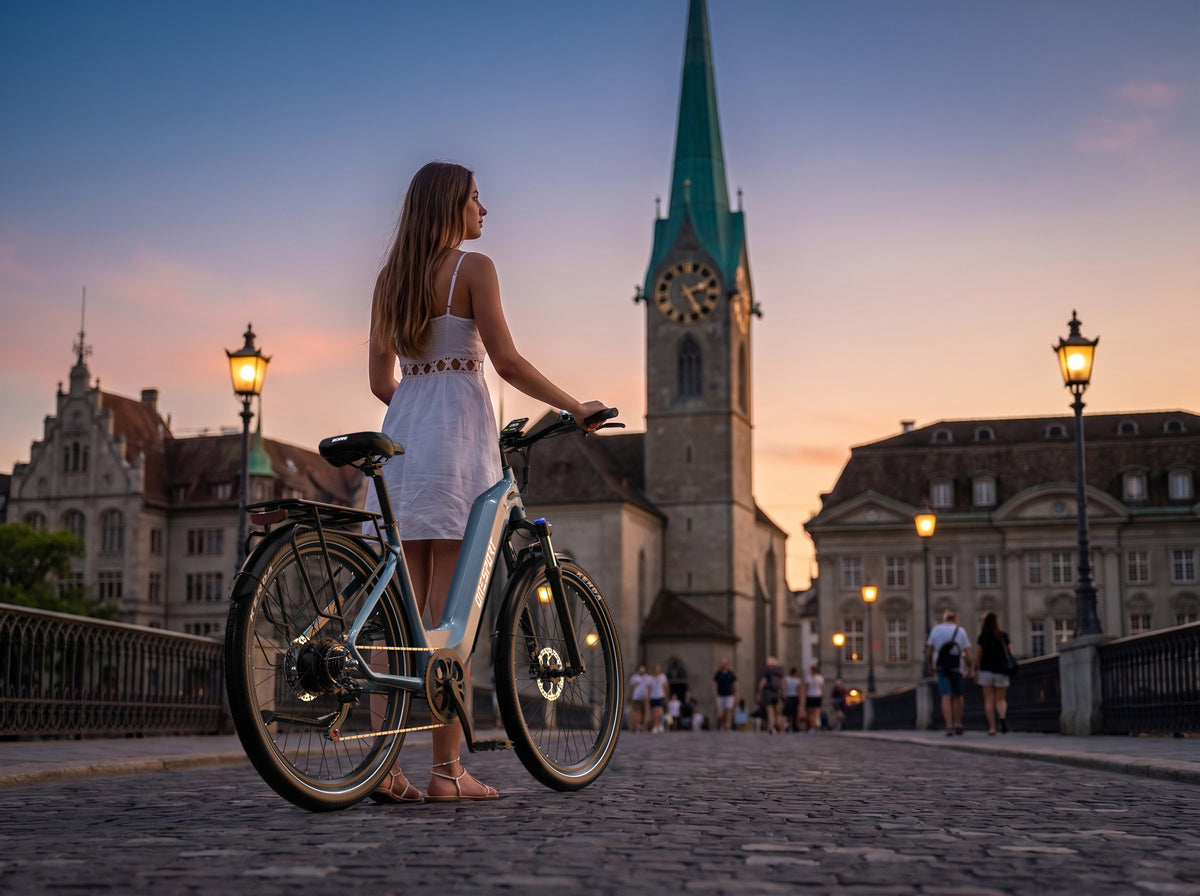 OneSport WT05 e-bike on a cobblestone bridge at dusk, a woman in a white dress standing next to the bike