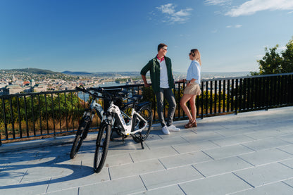 OneSport WT05 parked by a black railing with a couple talking and a city view in the background