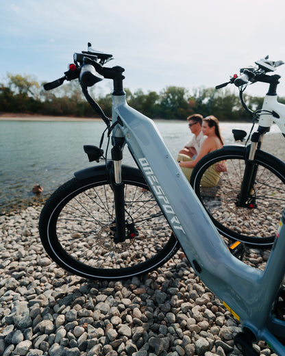 OneSport WT05 on a stony beach by the water with the frame in the foreground and two people sitting in the background