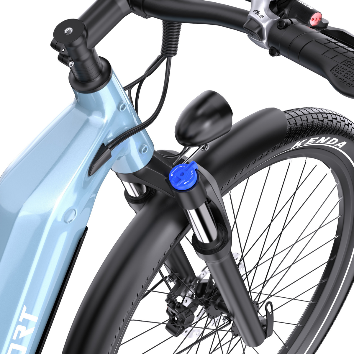 OneSport WT05 close-up of front fork with blue adjuster, light, mudguard and light blue frame